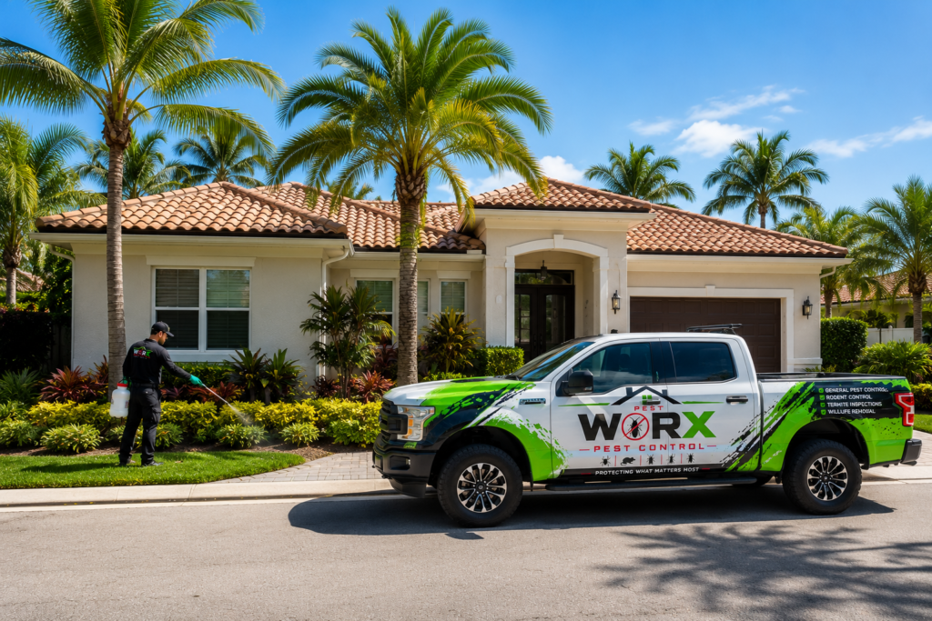 Pest Worx technician providing residential pest control service at a South Florida home with a branded service truck.