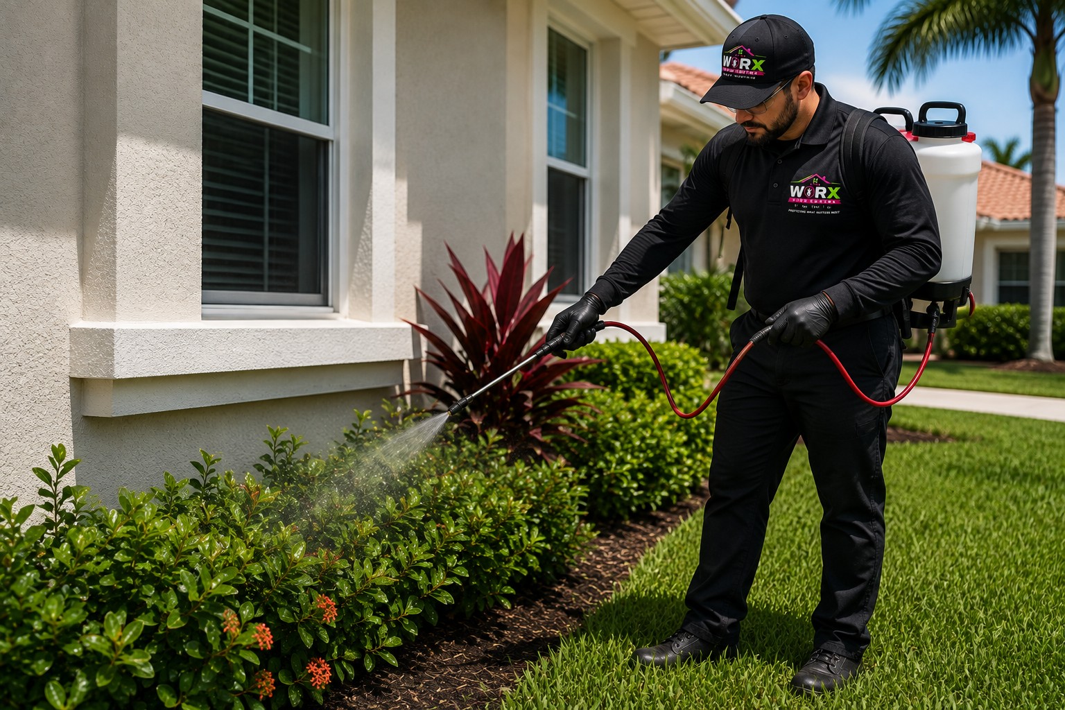 Pest Worx pest control technician applying a professional exterior pest treatment around a South Florida home to protect against ants, spiders, cockroaches, rodents, and other common household pests.