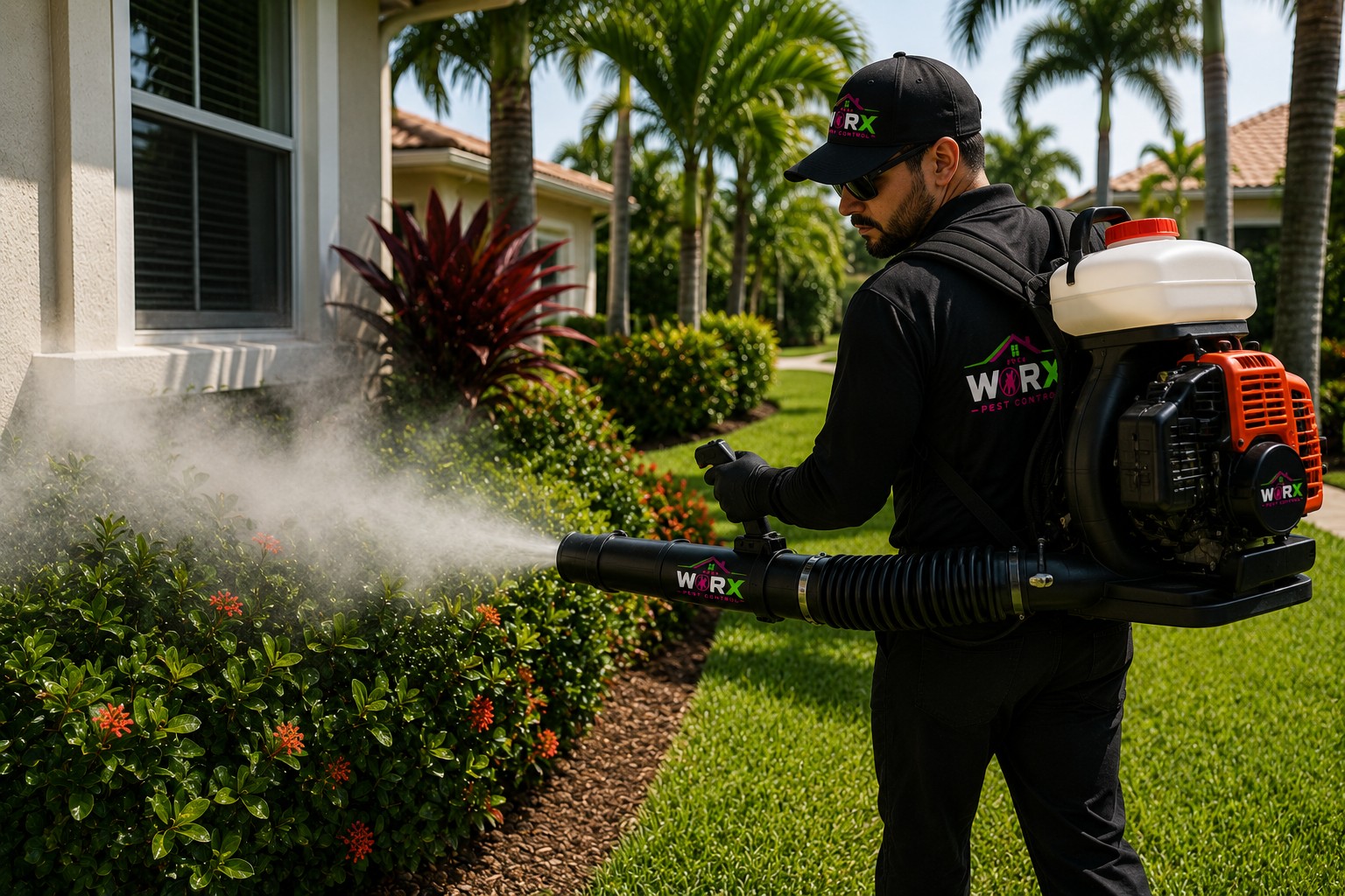 Pest Worx mosquito control technician using a professional backpack mosquito fogger to treat landscaping around a South Florida home for mosquito prevention.