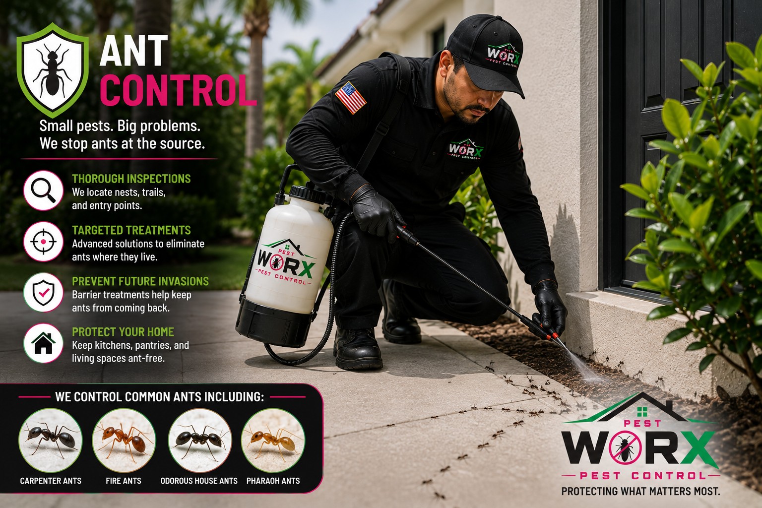 Pest Worx technician applying ant control treatment around the exterior of a South Florida home.