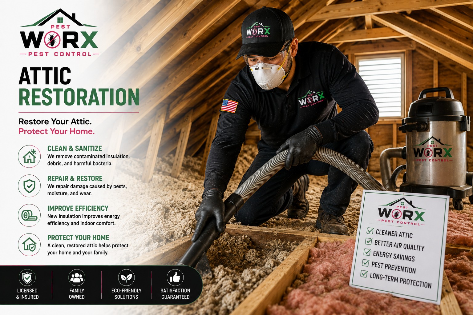 Pest Worx technician removing contaminated insulation during an attic restoration service at a South Florida home.