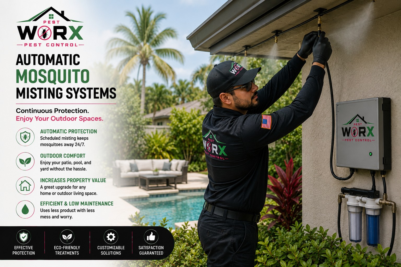 Pest Worx technician installing an automatic mosquito misting system around a South Florida backyard and pool.