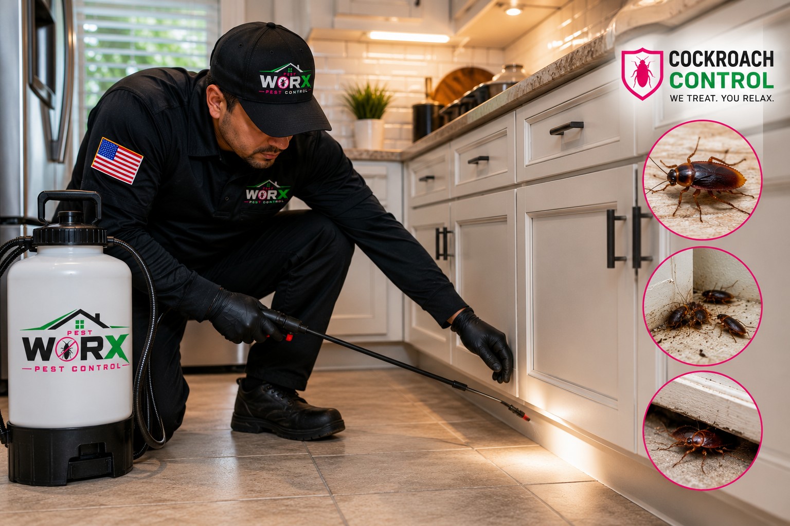 Pest Worx technician providing cockroach control treatment inside a South Florida home.