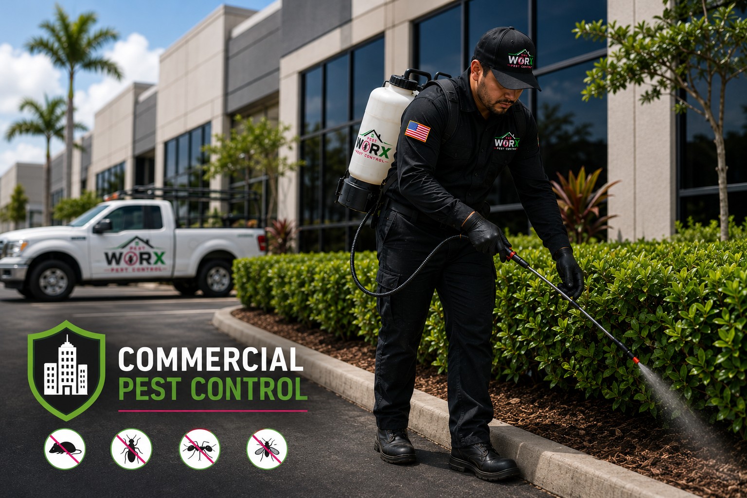 Pest Worx technician providing commercial pest control treatment outside a South Florida business property.