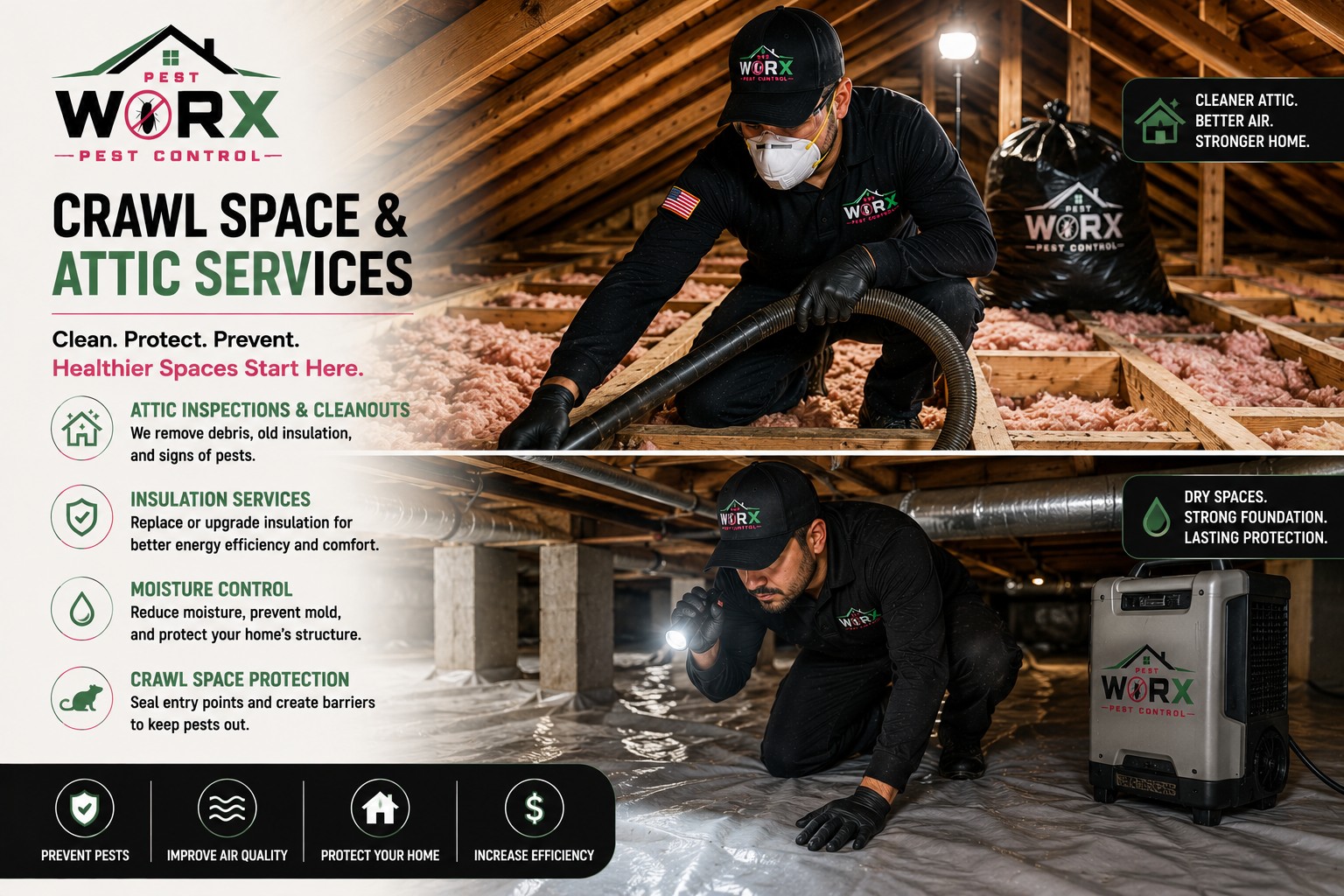 Pest Worx technicians inspecting and cleaning attic and crawl space areas at a South Florida home.