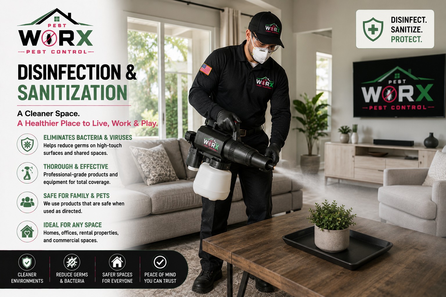 Pest Worx technician providing professional disinfection and sanitization treatment inside a South Florida home.