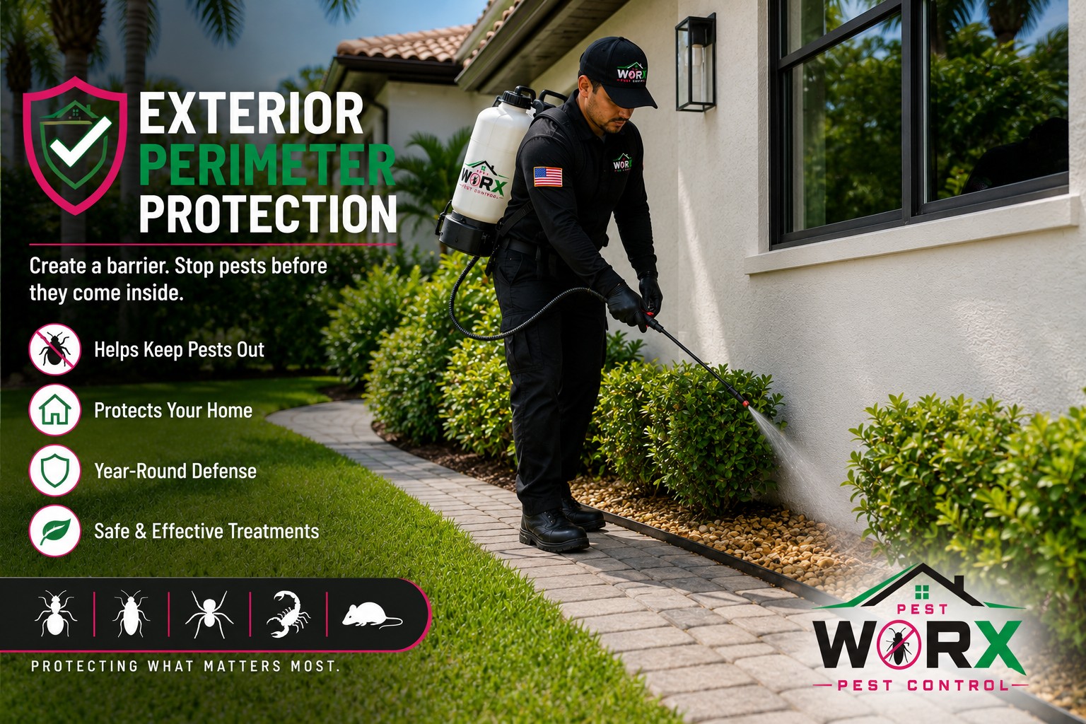 Pest Worx technician applying an exterior perimeter pest control treatment around a South Florida home.