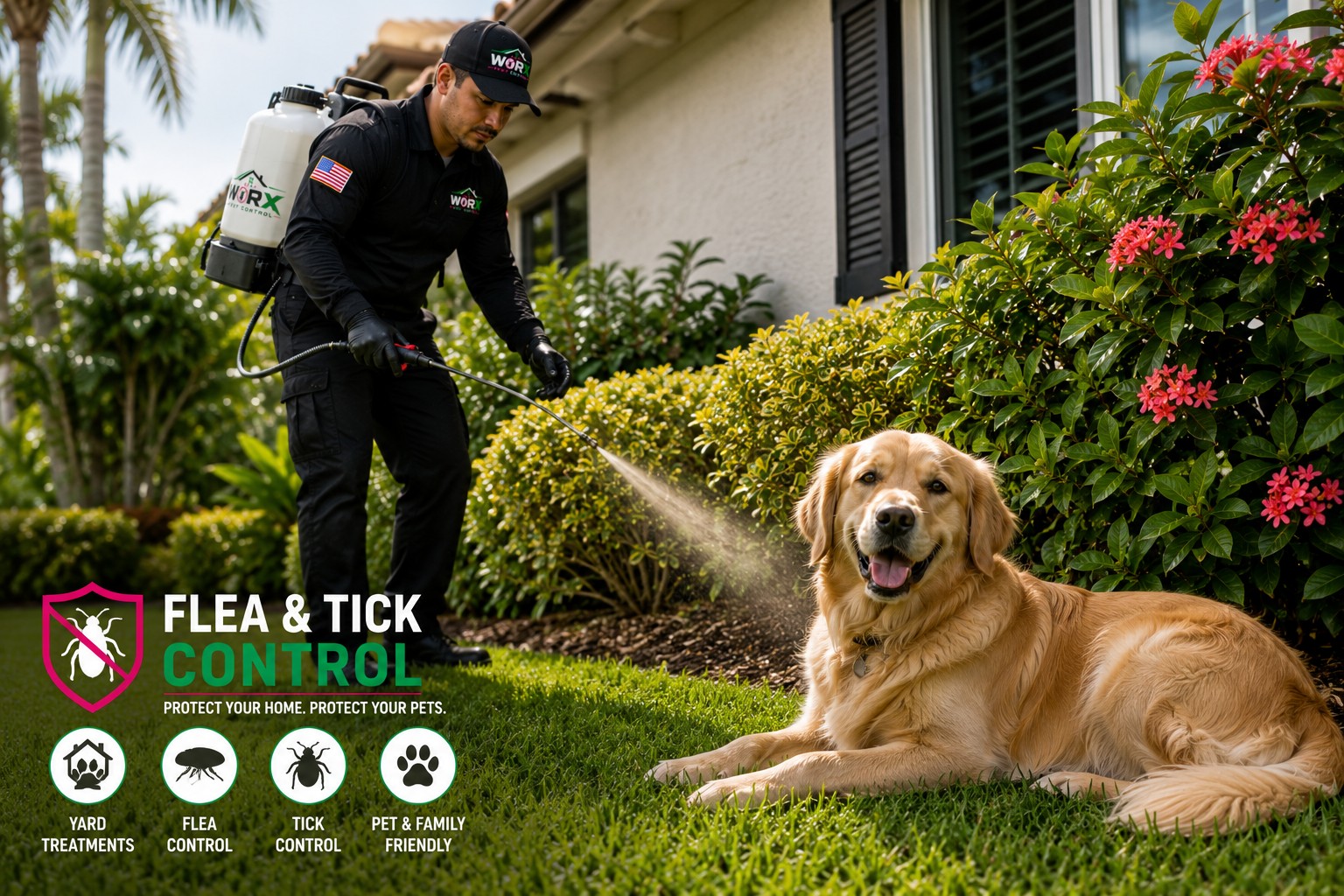 Pest Worx technician providing flea and tick control treatment in the yard of a South Florida home with a dog.