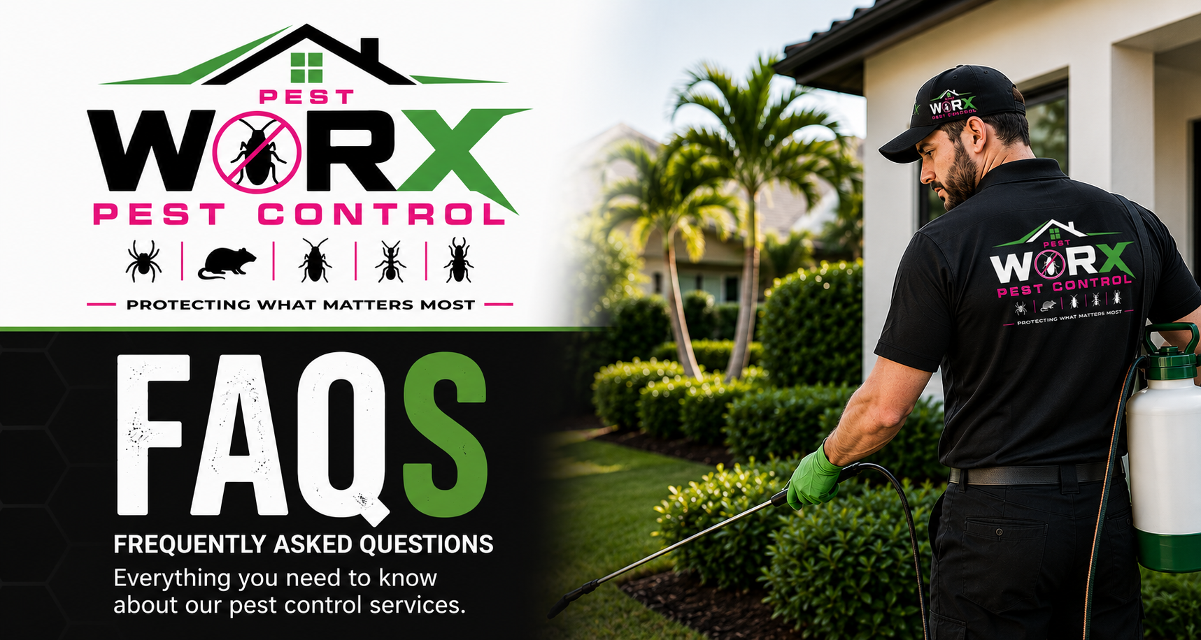 Pest Worx FAQ banner featuring a licensed pest control technician providing professional residential pest control services in Fort Lauderdale, Florida.