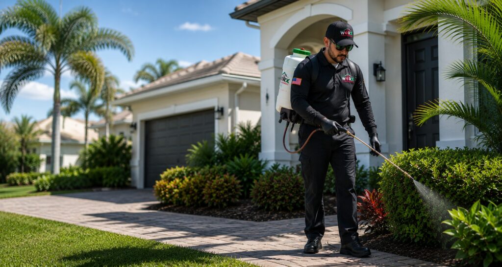 Pest Worx technician applying exterior pest control treatment around a South Florida home.