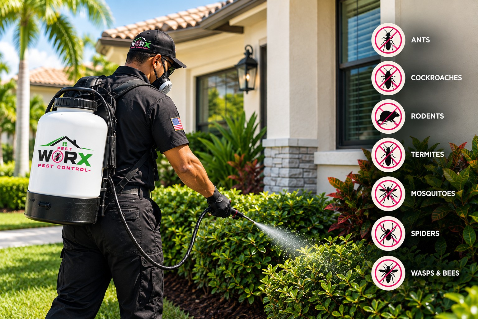 Pest Worx technician providing general pest control treatment around a South Florida home.