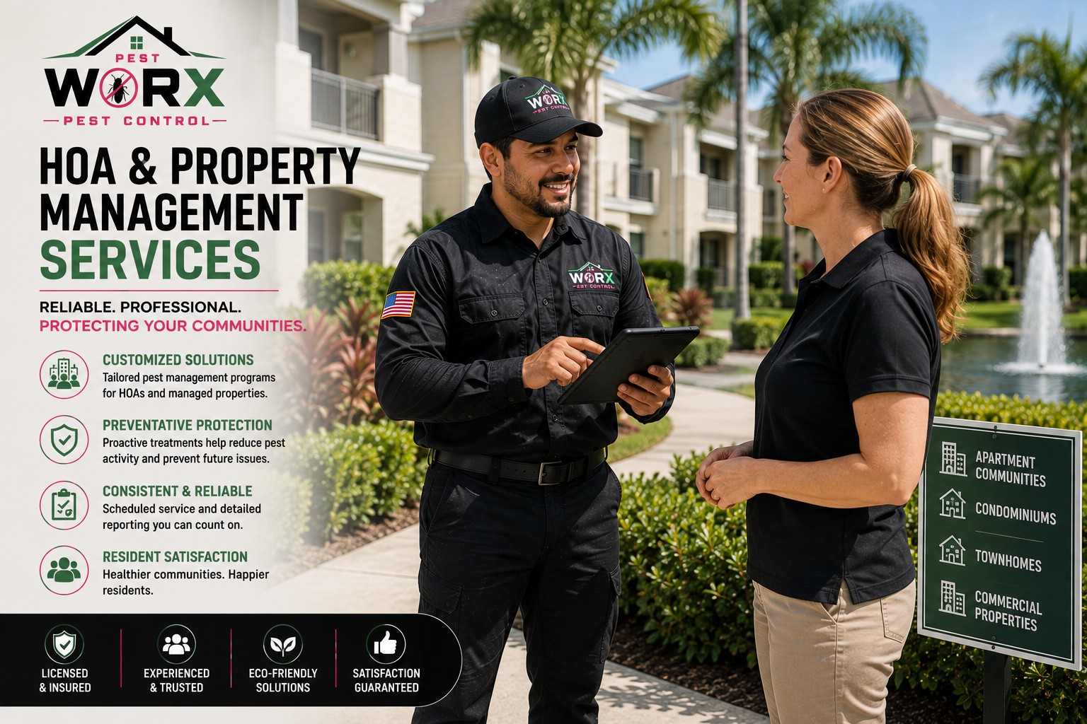 Pest Worx technician discussing pest control services with a property manager at a South Florida residential community.