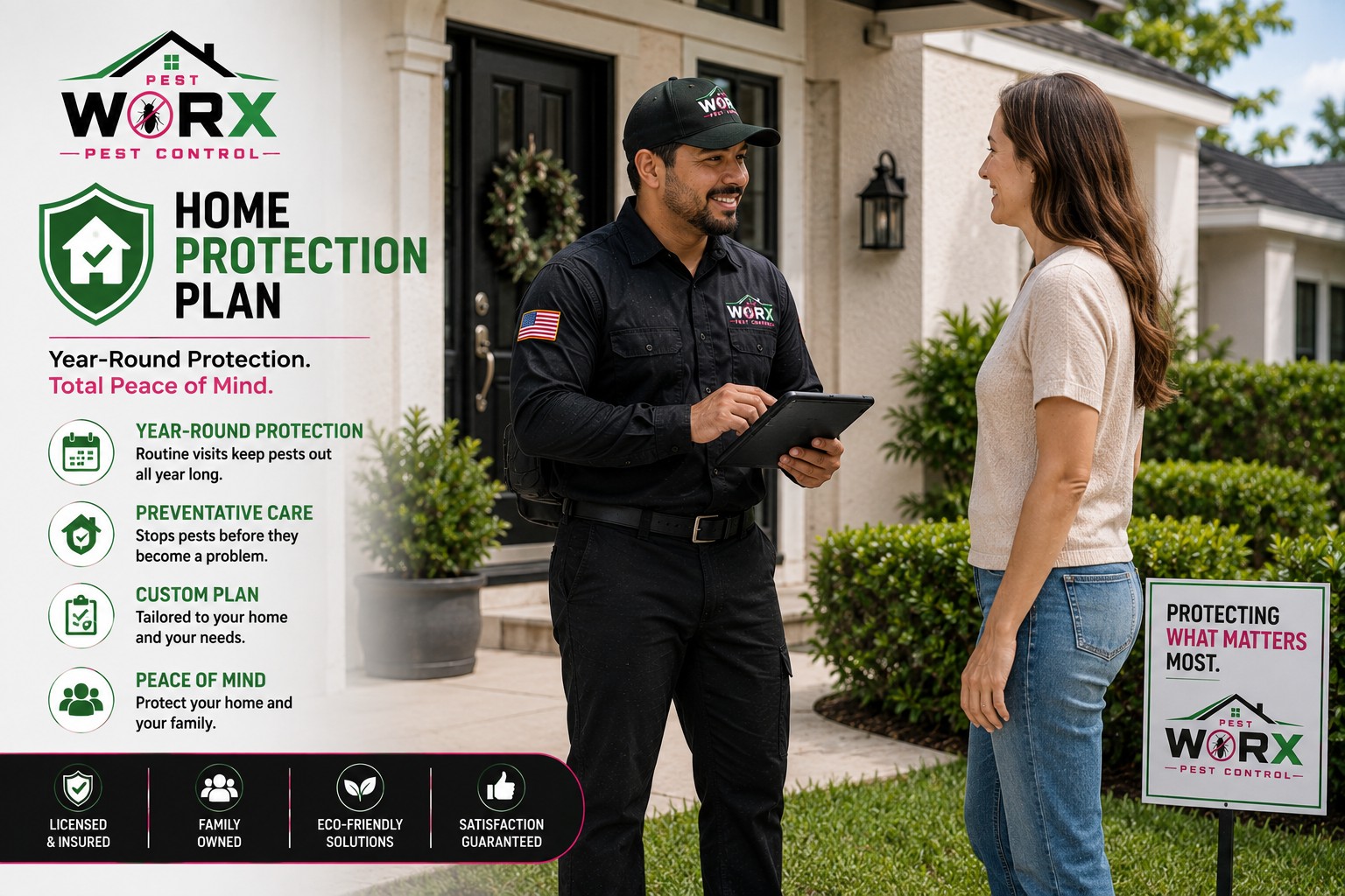 Pest Worx technician speaking with a homeowner about a year-round pest protection plan at a South Florida home.