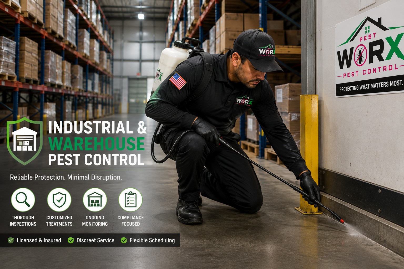 Pest Worx technician providing industrial pest control treatment inside a South Florida warehouse.