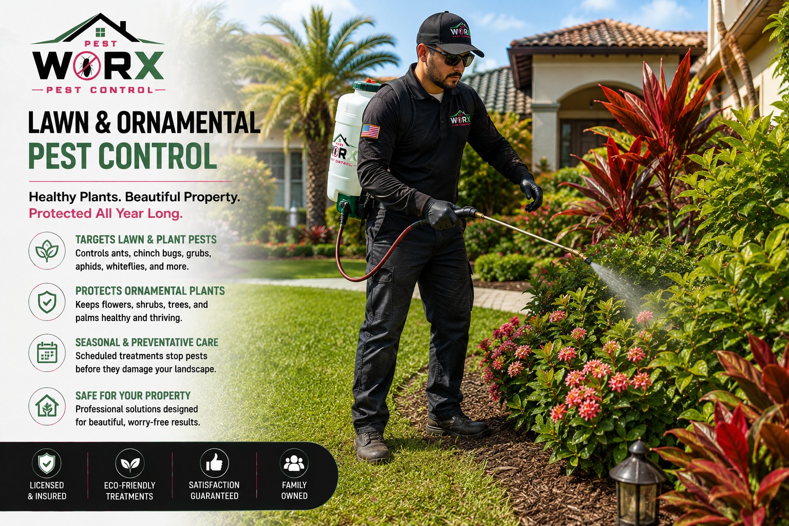 Pest Worx technician treating shrubs and landscaping for lawn and ornamental pests at a South Florida home.