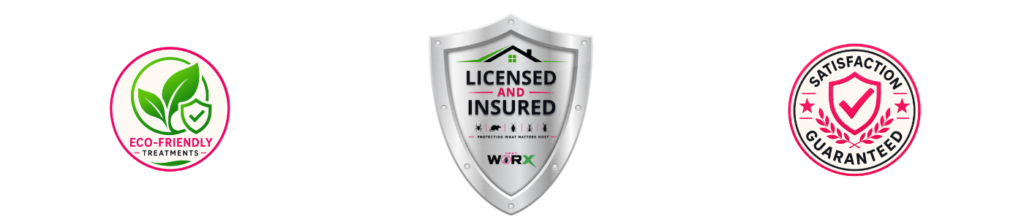 Licensed and insured Pest Worx shield badge representing professional residential and commercial pest control services throughout South Florida. Also Eco Friendly.