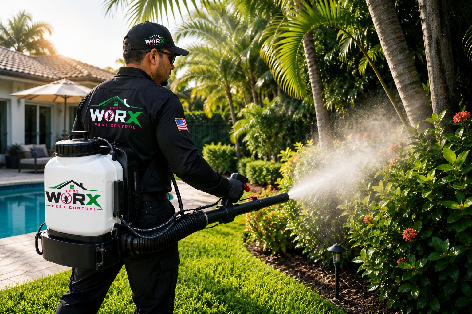 Pest Worx technician providing mosquito control treatment around a South Florida backyard and pool.