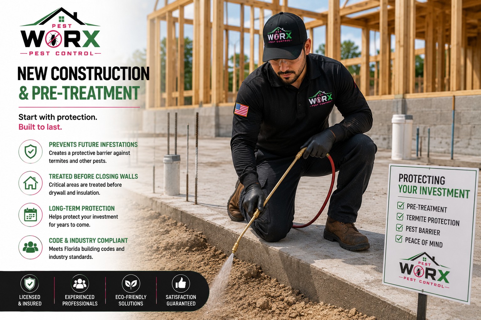 Pest Worx technician applying a termite pre-treatment at a new construction property in South Florida.