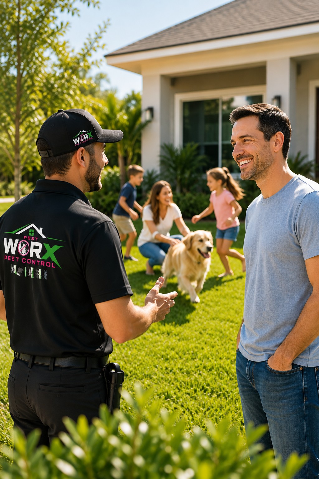 Pest Worx pest control technician speaking with a homeowner while children and a family dog play safely in the backyard of a Fort Lauderdale home.