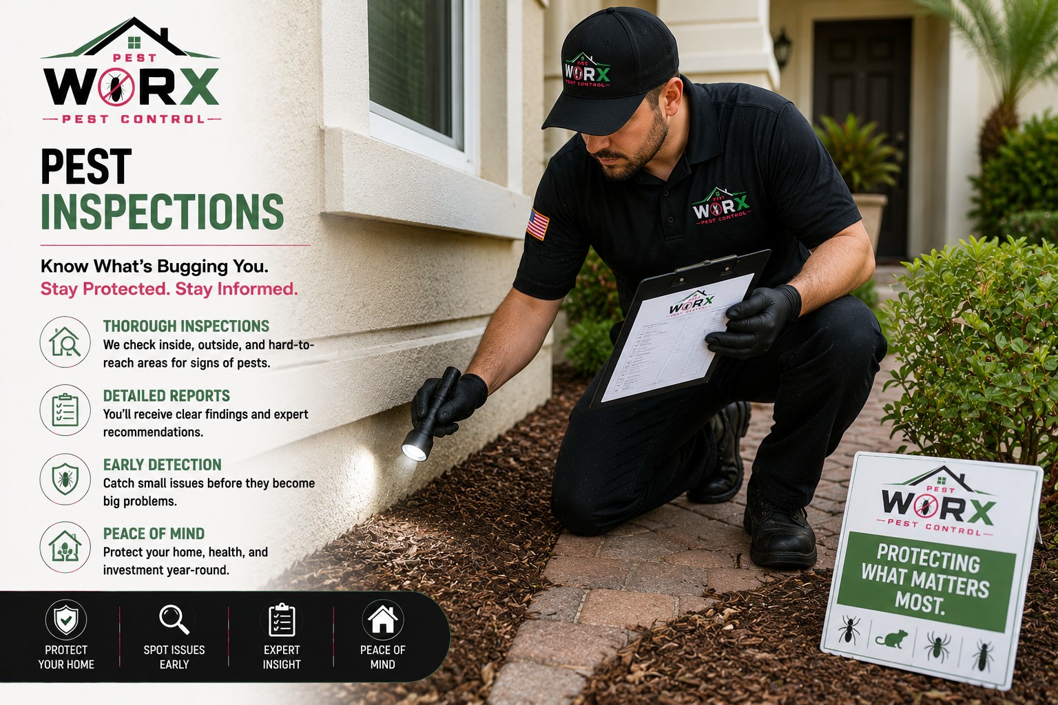 Pest Worx technician inspecting the exterior foundation of a South Florida home for signs of pest activity.