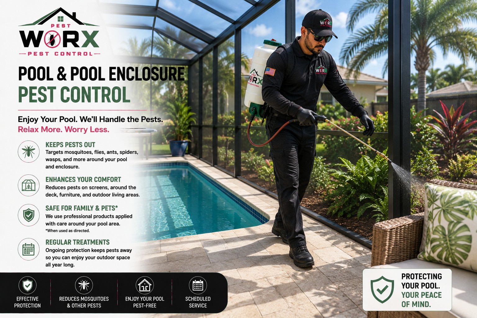 Pest Worx technician applying pest control treatment around a screened pool enclosure at a South Florida home.