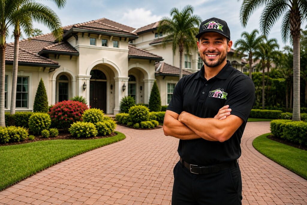Professional Pest Worx technician standing in front of a luxury South Florida home after completing residential pest control service.