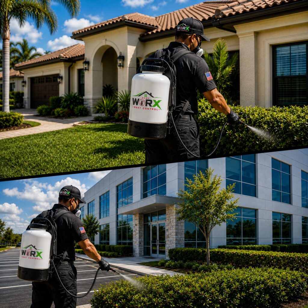 Pest Worx technicians providing residential and commercial pest control services at a South Florida home and commercial office building.
