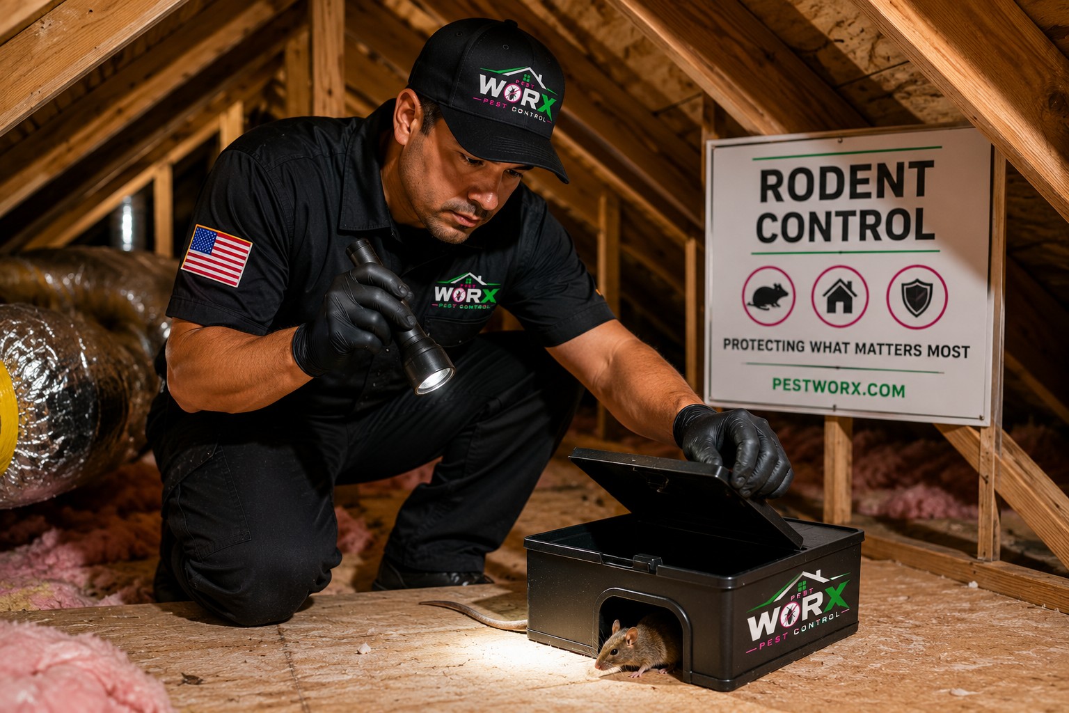 Pest Worx technician inspecting an attic for rats and mice during a professional rodent control service in South Florida.