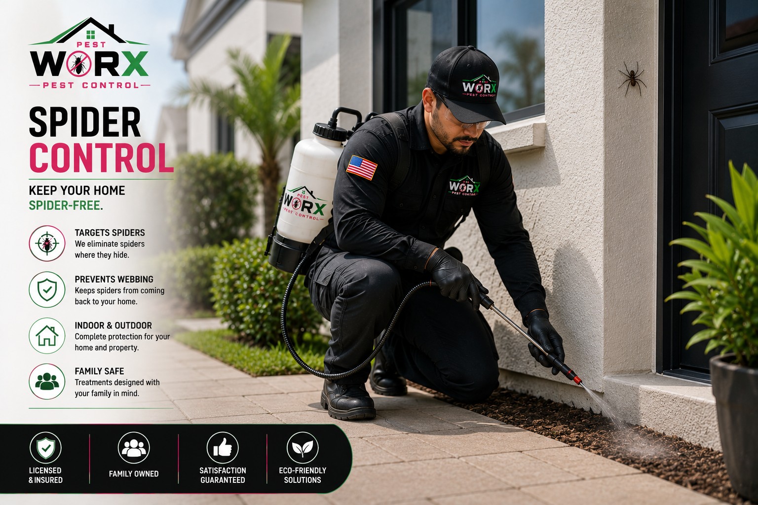 Pest Worx technician applying spider control treatment around the exterior of a South Florida home.