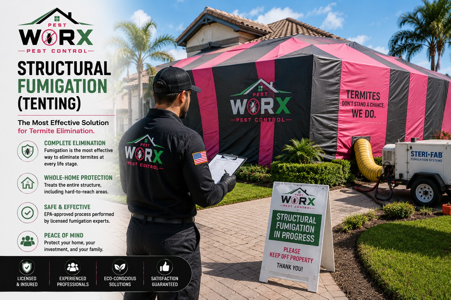 South Florida home covered with a fumigation tent during a Pest Worx structural termite fumigation service.