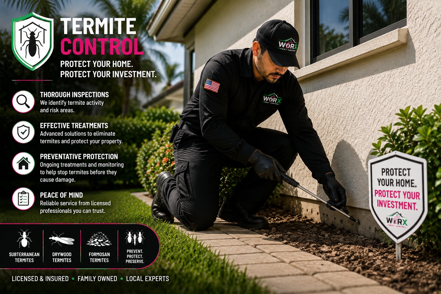 Pest Worx technician performing a termite treatment around the foundation of a South Florida home.