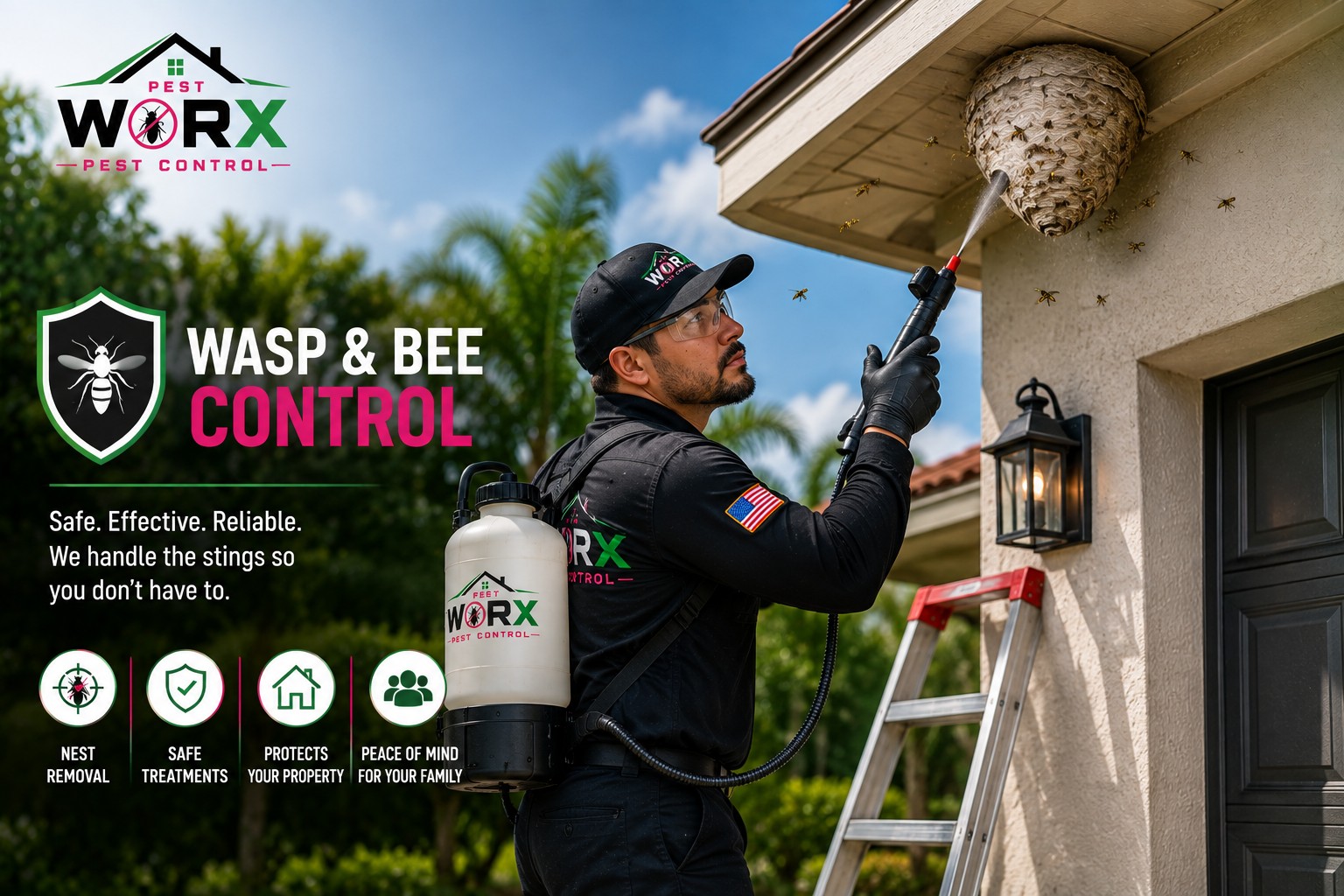 Pest Worx technician treating a wasp nest on a South Florida home during a professional wasp and bee control service.