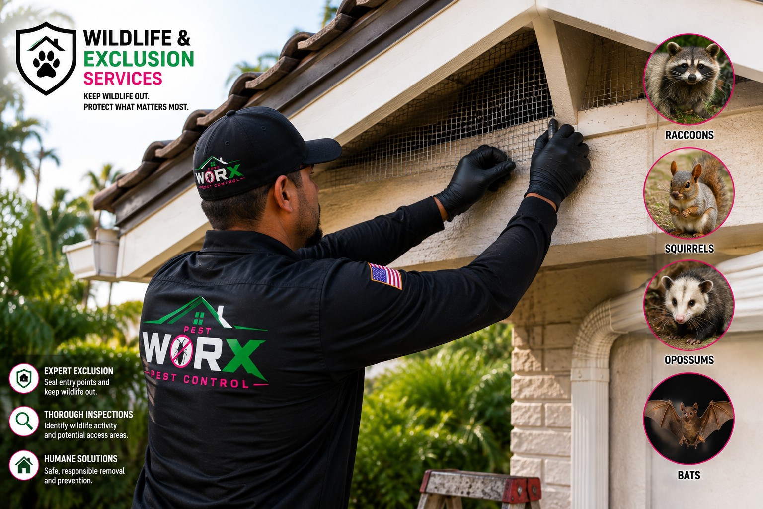 Pest Worx technician installing wildlife exclusion screening on a South Florida home to help prevent animal entry.