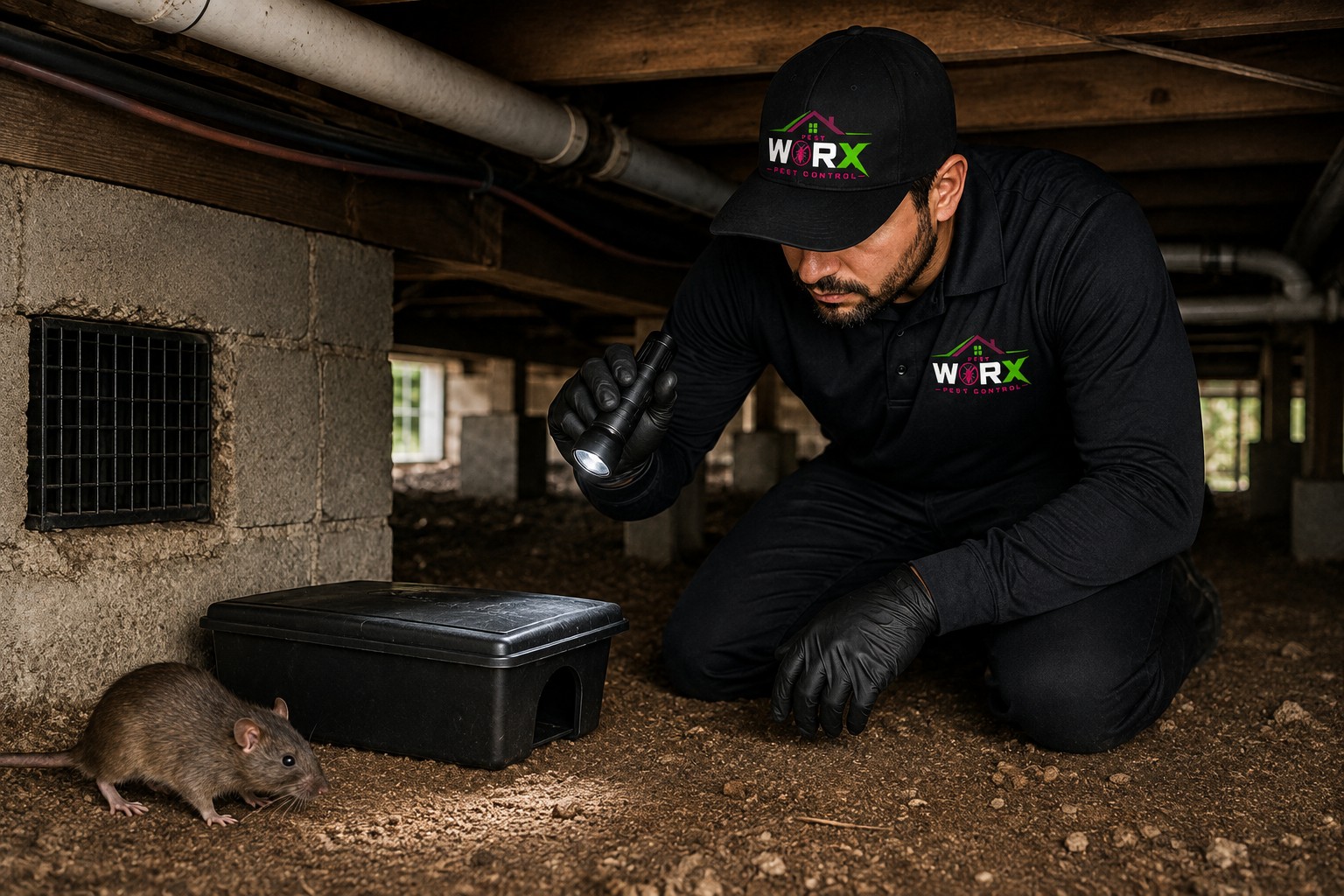 Pest Worx rodent control technician inspecting a rodent bait station in a South Florida crawl space to protect a home from rats and mice.