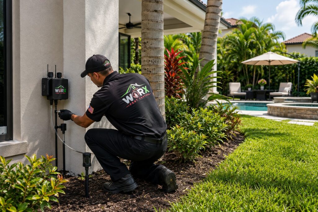 Pest Worx technician installing a professional mosquito misting system in the backyard of a South Florida home to provide year-round mosquito protection.