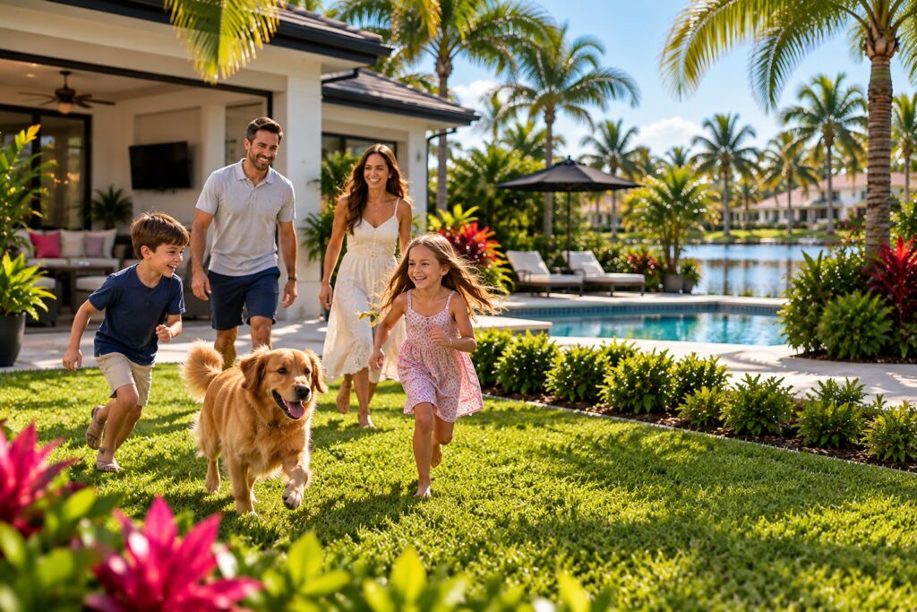 Family enjoying their South Florida backyard and pool with children and a dog outdoors.