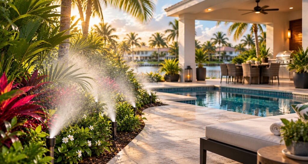 Ground-level mosquito misting system operating around tropical landscaping beside a South Florida backyard pool.
