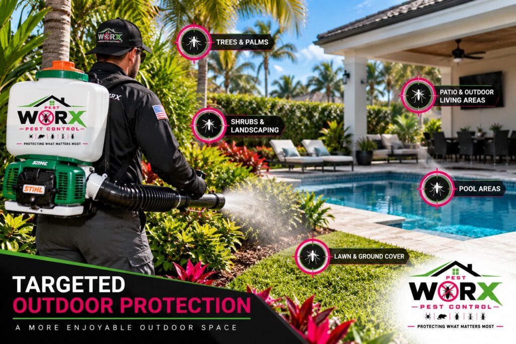 Pest Worx technician applying targeted mosquito control treatment to landscaping around a South Florida home and pool.
