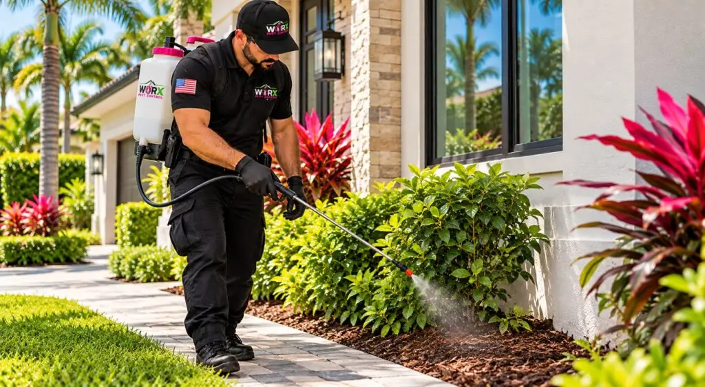 Pest Worx technician applying an exterior perimeter ant control treatment to mulch beds and landscaping along the foundation of a South Florida home.