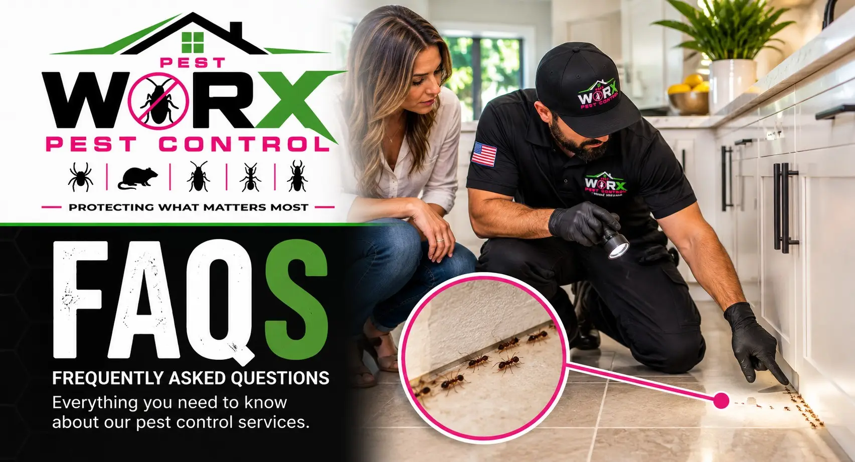 Pest Worx ant control FAQ banner showing a technician inspecting ants along a kitchen baseboard with a homeowner and a magnified ant trail.