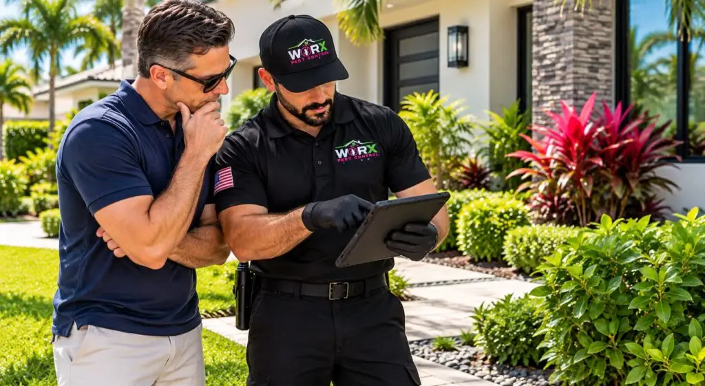 Pest Worx technician reviewing ant inspection findings on a tablet with a homeowner outside a South Florida home.