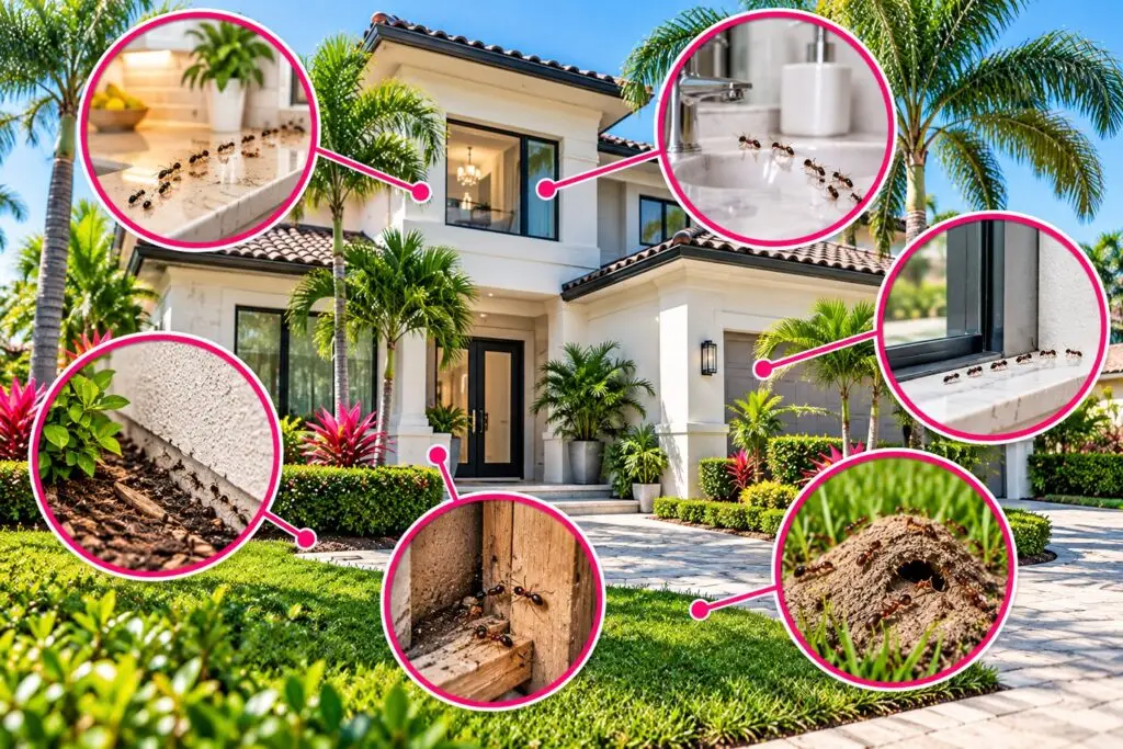 South Florida home ant control infographic with six pink callouts showing ants in kitchens, bathrooms, windows, landscaping, wooden structures and lawns.