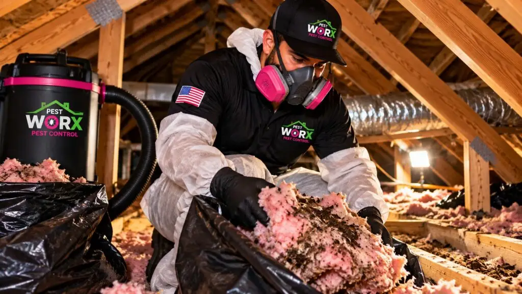 Pest Worx technician wearing protective equipment and a respirator while removing wildlife-contaminated insulation from a South Florida home's attic.