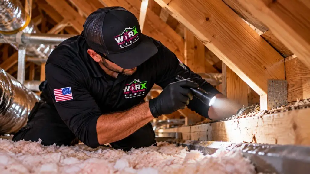 Pest Worx technician using a flashlight to inspect an attic for signs of rodent activity in a South Florida home.