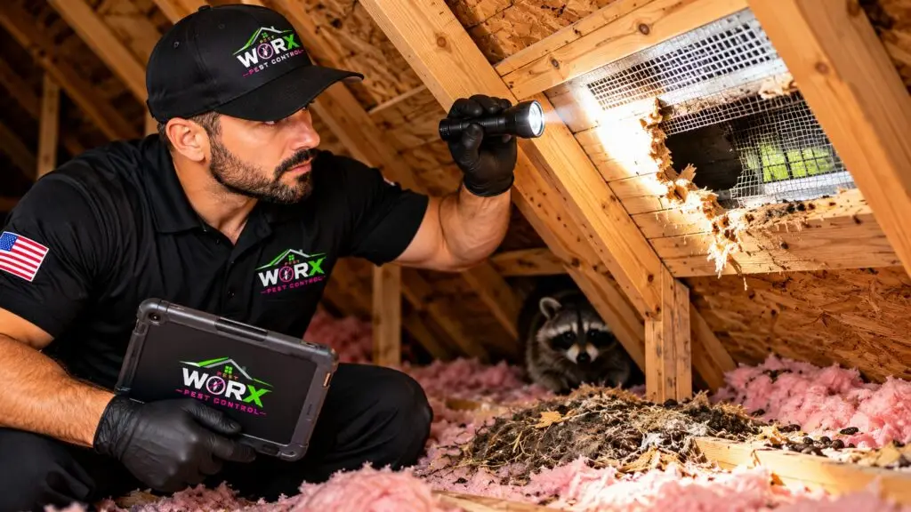 Pest Worx wildlife technician inspecting a damaged attic vent with a flashlight while a raccoon hides near insulation in a South Florida home.