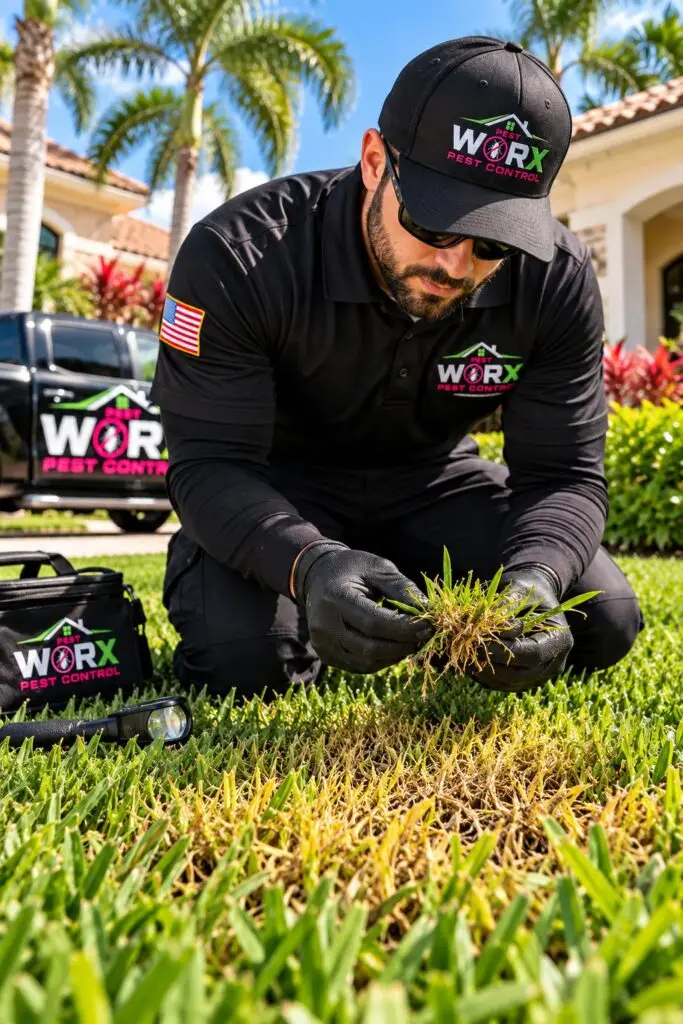 Pest Worx technician kneeling in a South Florida St. Augustinegrass lawn, inspecting yellowing grass and possible chinch bug damage near a home.