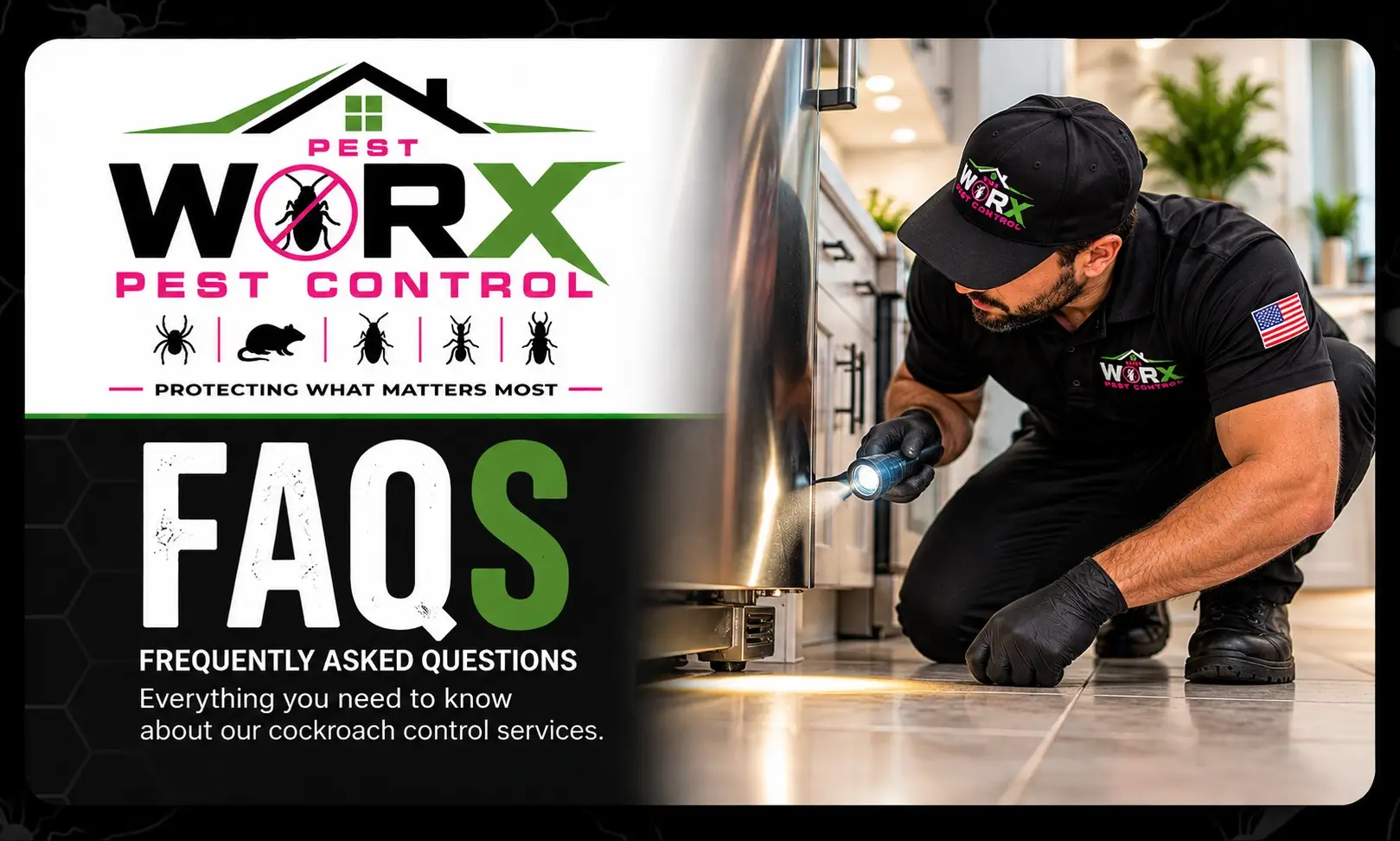 Pest Worx cockroach control FAQ banner featuring a technician inspecting beneath a kitchen appliance with a flashlight.