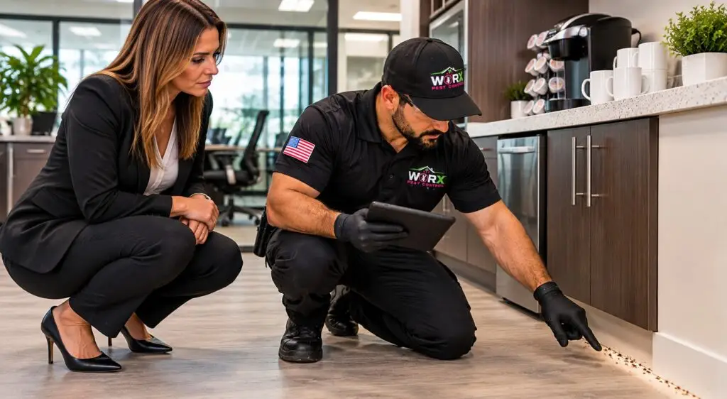 Pest Worx technician inspecting an ant trail along an office breakroom baseboard while a business manager observes in South Florida.