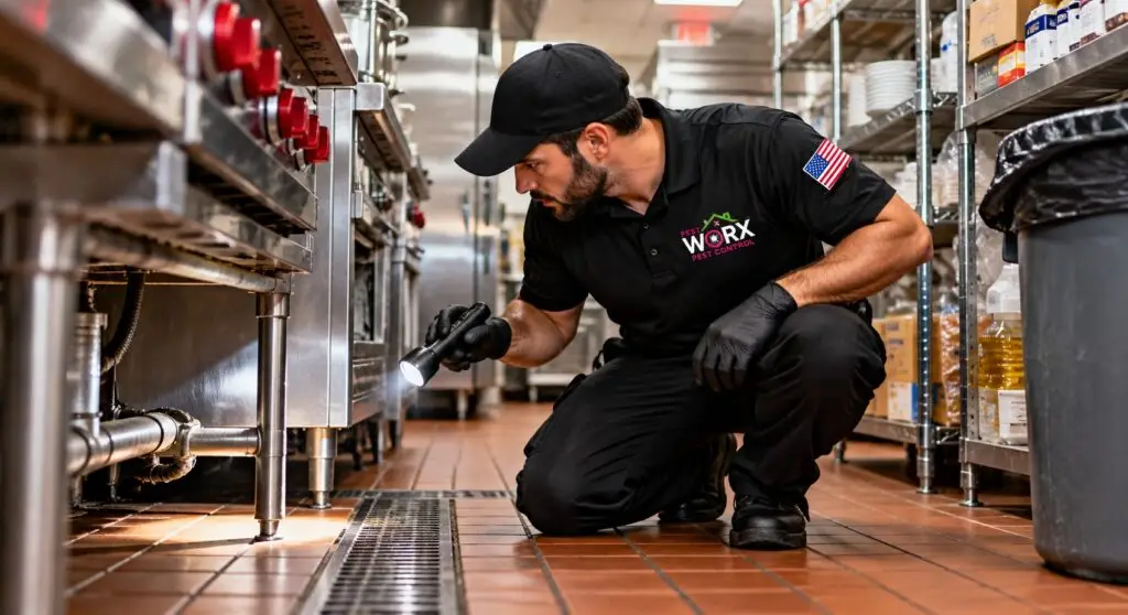 Pest Worx commercial pest control technician using a flashlight to inspect beneath stainless-steel kitchen equipment at a South Florida restaurant.