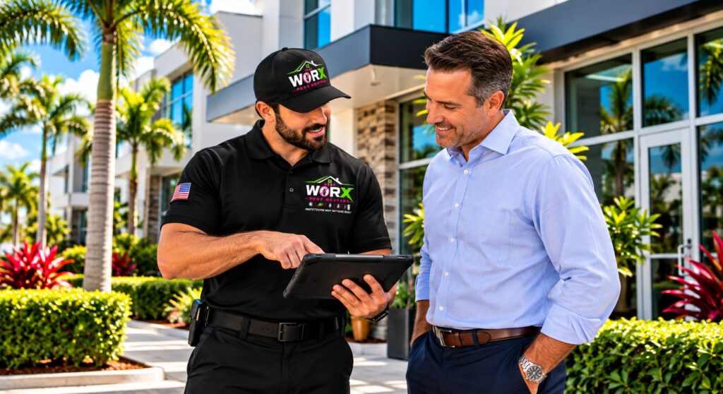 Pest Worx commercial pest control technician reviewing a pest management plan on a tablet with a business owner outside a South Florida commercial building.